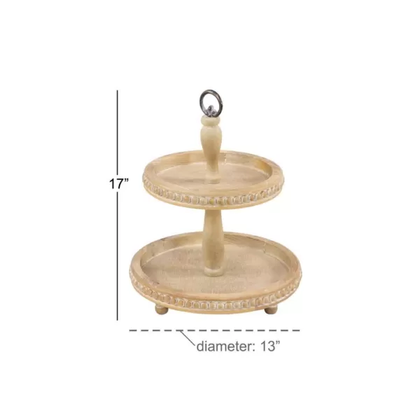 LITTON LANE Tall Natural Beige Wood 2-Tier Round Serving Tray Stand
