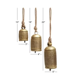 LITTON LANE Gold Brass Iron Bells with Rope Hangers (Set of 3)