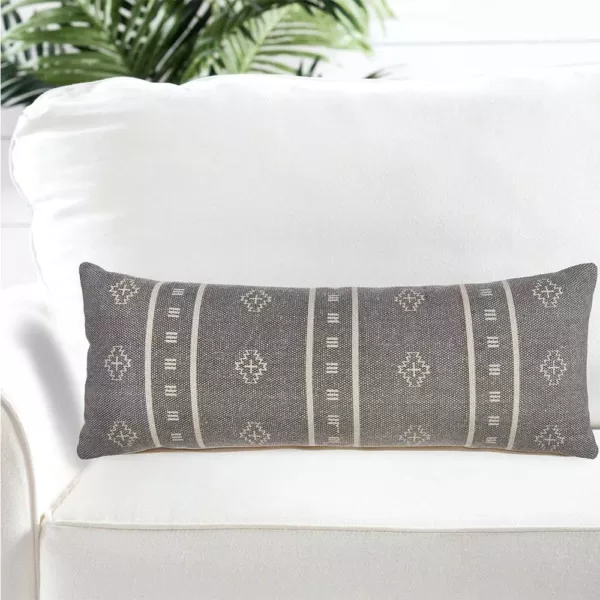 LR Home Embroidered Ethnic 14 in. x 36 in. Gray/Cream Rectangle Throw Pillow