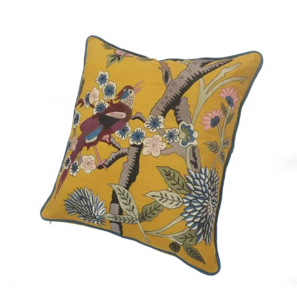LR Home Scenic Yellow Floral Birds Soft Poly-Fill 20in. x 20 in. Throw Pillow