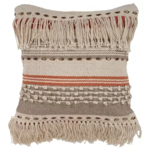 LR Resources Chic Fringe Beige Striped Hypoallergenic Polyester 18 in. x 18 in. Throw Pillow
