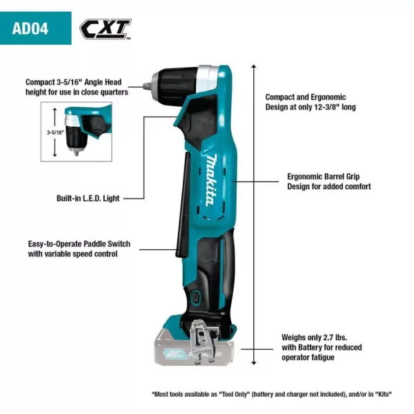 Makita 12-Volt MAX CXT Lithium-Ion Cordless 3/8 in. Right Angle Drill (Tool-Only)