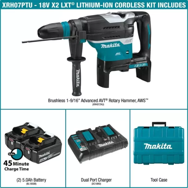 Makita 18-Volt X2 LXT Lithium-Ion 36-Volt Cordless 1-9/16 in. Rotary Hammer Kit, accepts SDS-MAX bits, with AWS