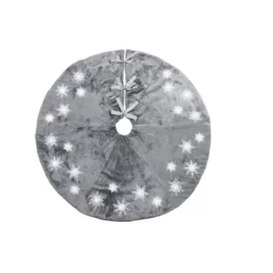 Manor Luxe 56 in. Snowflake Sequin Soft Plush Furry Light Up Round Christmas Tree Skirt in Grey
