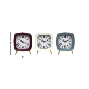 LITTON LANE Square Mauve, White and Blue Metal Table Clocks with Retractable Stands and Gold Feet (Set of 3)