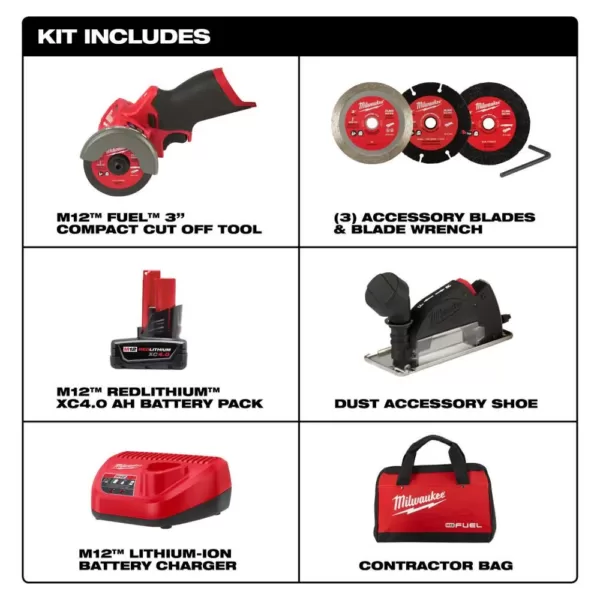 Milwaukee M12 FUEL 12-Volt 3 in. Lithium-Ion Brushless Cordless Cut Off Saw Kit with One 4.0 Ah Battery Charger and Bag
