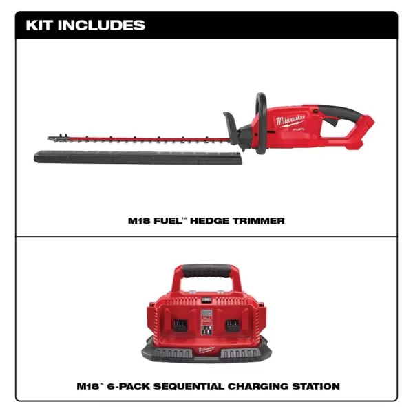Milwaukee M18 FUEL 18-Volt Lithium-Ion Brushless Cordless Hedge Trimmer with M18 6-Port Sequential Battery Charger