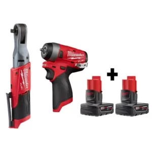 Milwaukee M12 FUEL 12-Volt Lithium-Ion Brushless Cordless 3/8 in. Ratchet &1/4 in. Impact Wrench with two 3.0 Ah Batteries