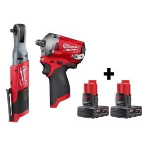 Milwaukee M12 FUEL 12-Volt Lithium-Ion Brushless Cordless 3/8 in. Ratchet and 1/2 in. Impact Wrench with two 3.0 Ah Batteries