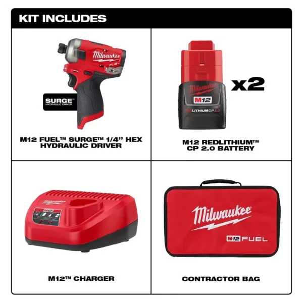 Milwaukee M12 FUEL SURGE 12-Volt Lithium-Ion Brushless Cordless 1/4 in. Hex Impact Driver Compact Kit with  M12 Flood Light