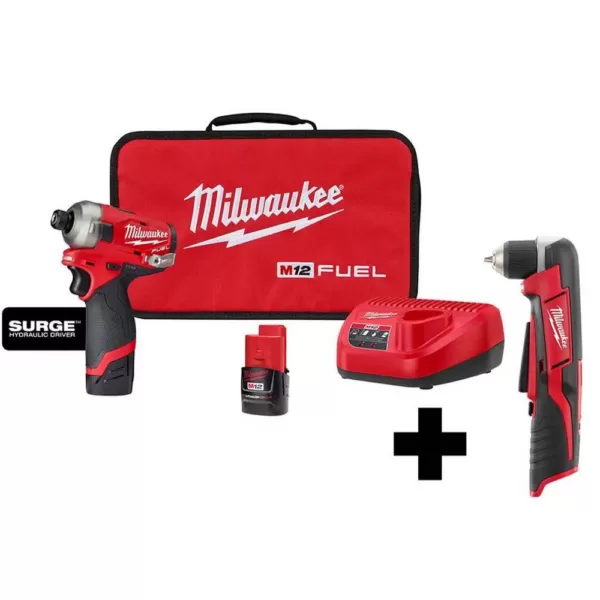 Milwaukee M12 FUEL SURGE 12-Volt Lithium-Ion Brushless Cordless 1/4 in. Hex Impact Driver Compact Kit with M12 Right Angle Drill
