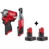 Milwaukee M12 FUEL 12-Volt Lithium-Ion Brushless Cordless Stubby 3/8 in. Impact Wrench & 3/8 in. Ratchet with two 3.0 Ah Batteries