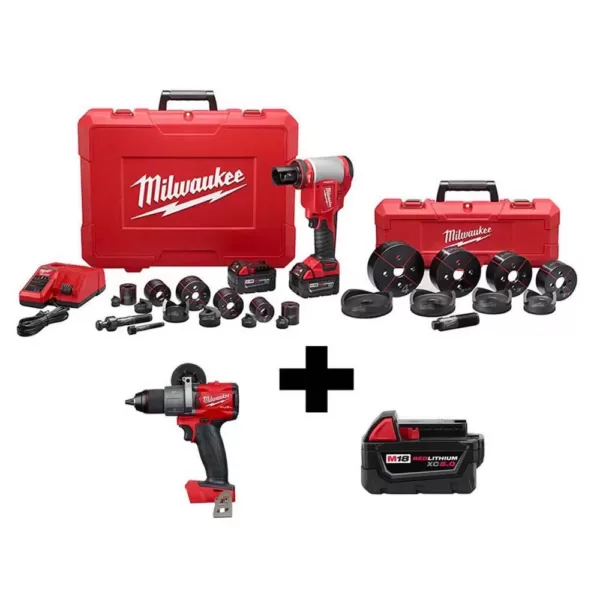 Milwaukee M18 18-Volt Lithium-Ion Cordless 1/2 in.- 4 in. Force Logic Knockout Tool Kit /W  FUEL Hammer Drill & 5.0 Ah Battery