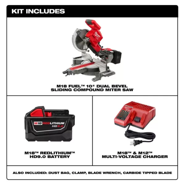 Milwaukee M18 FUEL 18-Volt Lithium-Ion Brushless Cordless 10 in. Dual Bevel Sliding Compound Miter Saw Kit W/(1) 9.0Ah Battery