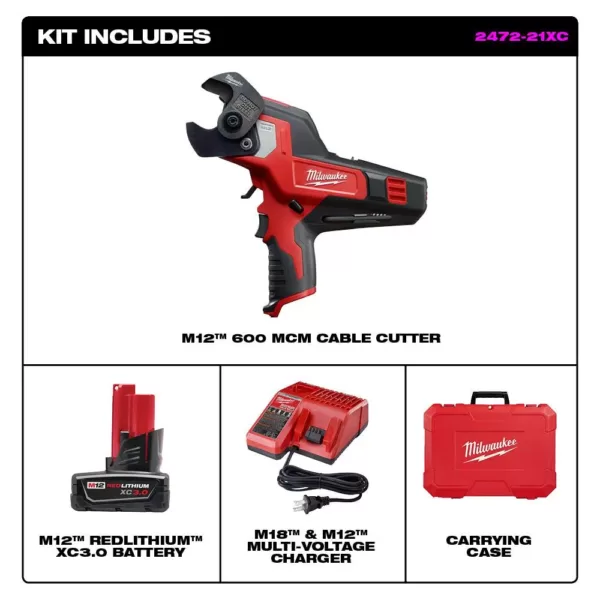Milwaukee M12 12-Volt Lithium-Ion Cordless 600 MCM Cable Cutter Kit with One 3.0Ah Battery, Charger and Hard Case