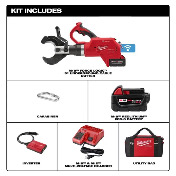 Milwaukee M18 18-Volt Lithium-Ion Cordless FORCE LOGIC 3 in. Underground Cable Cutter W/ (1) 5.0Ah Battery, Charger, Tool Bag