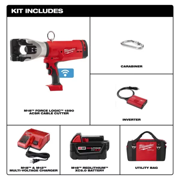 Milwaukee M18 18-Volt Lithium-Ion Cordless FORCE LOGIC 1590 ACSR Cable Cutter W/ (1) 5.0Ah Battery, Charger, Tool Bag