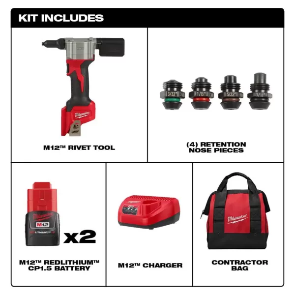 Milwaukee M12 12-Volt Lithium-Ion Cordless Rivet Tool Kit with (2) 1.5Ah Batteries, Charger and 1000 Lumens M12 Flood Light