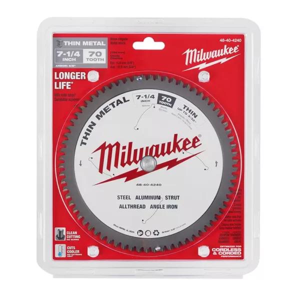 Milwaukee 7-1/4 in. x 70 Carbide Teeth Thin Metal Cutting Circular Saw Blade