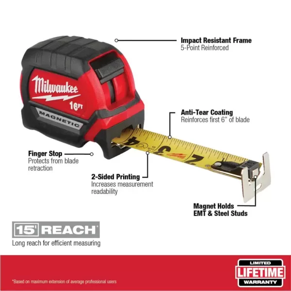 Milwaukee 16 ft. x 1 in. Compact Magnetic Tape Measure with 15 ft. Reach