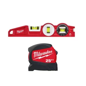 Milwaukee 25 ft. x 1.2 in. Compact Wide Blade Tape Measure with 12 ft. Standout and Torpedo Level
