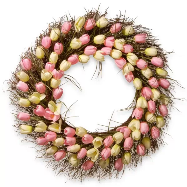 National Tree Company 32 in. Yellow and Pink Tulip Wreath