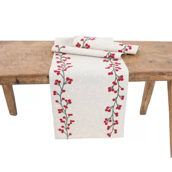 Manor Luxe 15 in. x 90 in. Holly Berry Branch Crewel Embroidered Christmas Table Runner, Natural