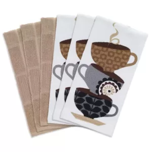 RITZ T-fal Multicolor Coffee Cups Cotton Print Dual and Solid Kitchen Dish Towel (Set of 6)