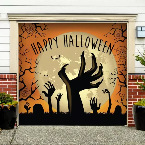 My Door Decor 7 ft. x 8 ft. Happy Halloween Graveyard Zombie Hands Garage Door Decor Mural for Single Car Garage