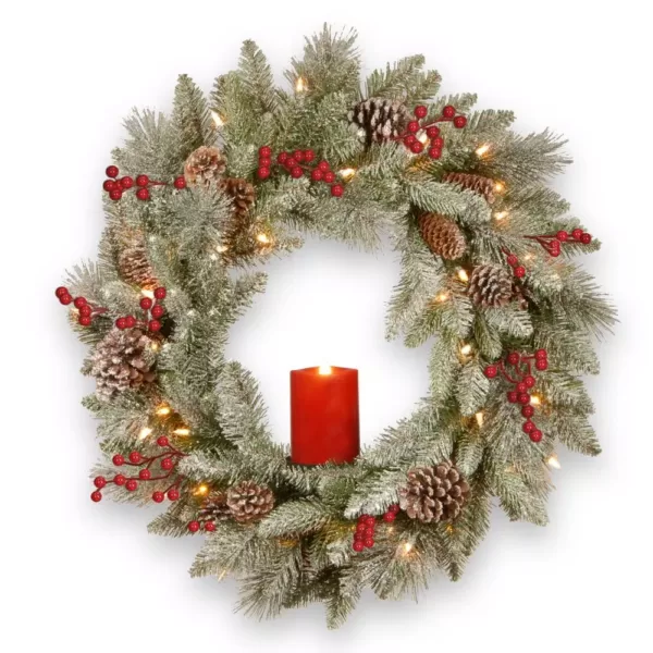 National Tree Company 24 in. Feel Real Snowy Bristle Wreath with 50 Battery Operated Red Electronic Candle 9 Red Berries and 15 Cones