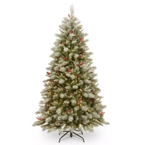 National Tree Company 7-1/2 ft. Feel Real Snowy Bristle Berry Hinged Tree with Red Berries, Mixed Cones and 700 Dual Color LED Lights and Pow