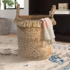 LR Home Claine Braided Fringed Natural Jute Decorative Storage Basket with Handles