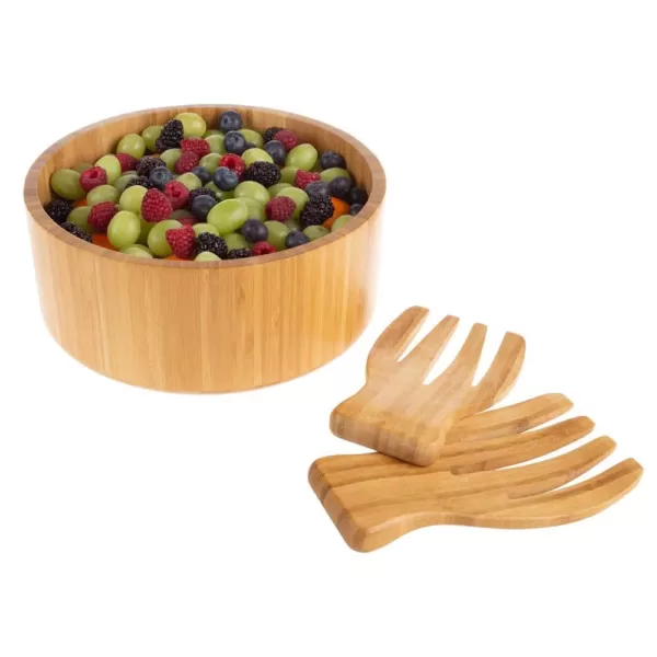 Classic Cuisine 10.25 in. Round Bamboo Salad Bowl with Utensils