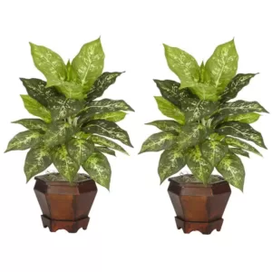 Nearly Natural 20.5 in. H Green Dieffenbachia Silk Plant with Wood Vase (Set of 2)