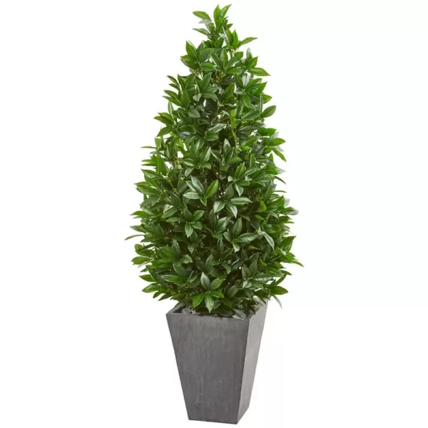Nearly Natural Indoor/Outdoor 57-In. Bay Leaf Cone Topiary Tree in Slate Planter