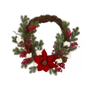 Nearly Natural 19in. Poinsettia with Berries and Cotton Artificial Wreath