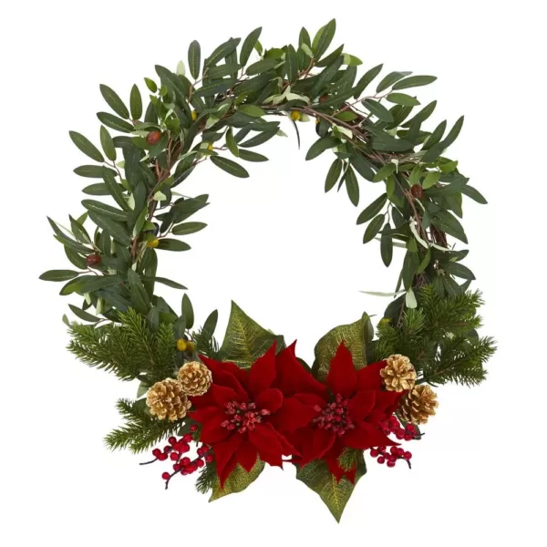Nearly Natural 21in. Olive with Poinsettia, Berry and Pine Artificial Wreath