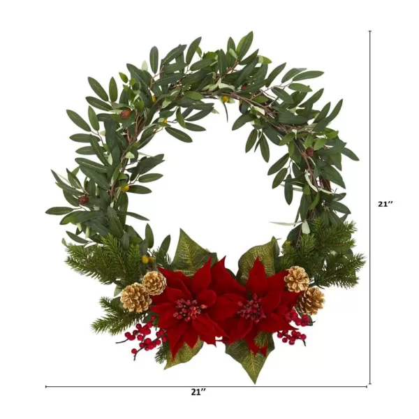 Nearly Natural 21in. Olive with Poinsettia, Berry and Pine Artificial Wreath