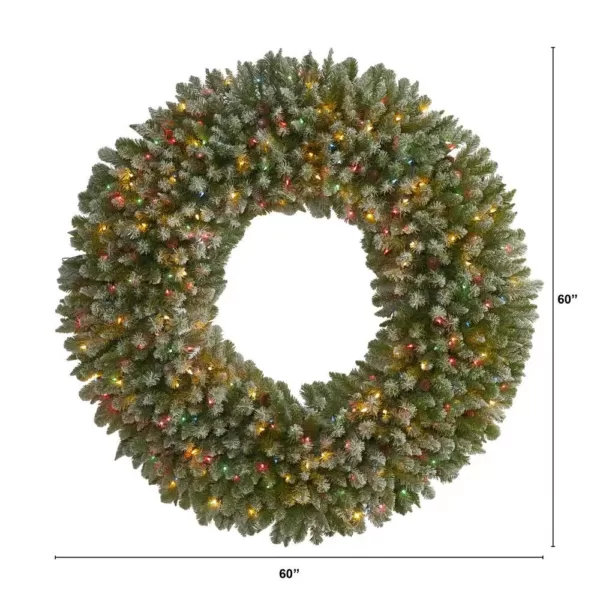 Nearly Natural 5 ft. Pre-Lit Giant Flocked Artificial Christmas Wreath with 280 Multi-Colored Lights and Pine Cones