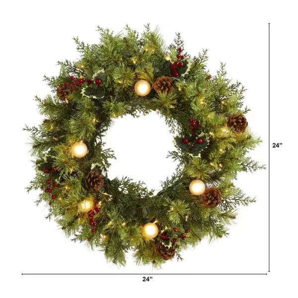 Nearly Natural 24 in. Pre-Lit Christmas Artificial Wreath with 50 White Warm Lights 7 Globe Bulbs Berries and Pine Cones