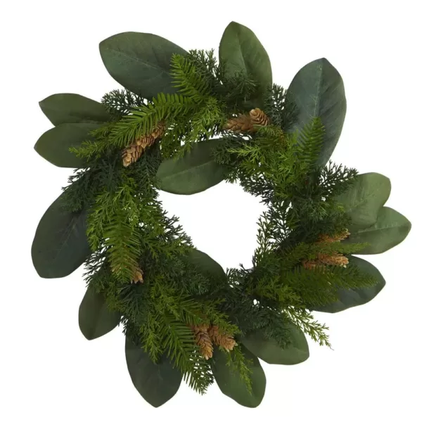 Nearly Natural 16 in. Magnolia Leaf and Mixed Pine Artificial Wreath with Pine Cones