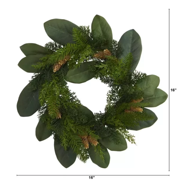 Nearly Natural 16 in. Magnolia Leaf and Mixed Pine Artificial Wreath with Pine Cones