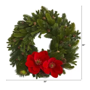 Nearly Natural 30 in. Magnolia Pine and Pinecone Artificial Wreath
