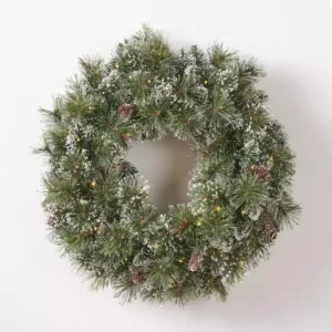 Noble House 24 in. Battery Operated Pre-Lit LED Artificial Christmas Wreath with Flocked Snow, Glitter Branches, and Pinecones