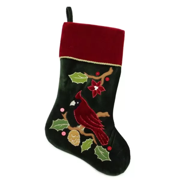 Northlight 20 in. Red and Green Velveteen Cardinal Embroidered Polyester Christmas Stocking