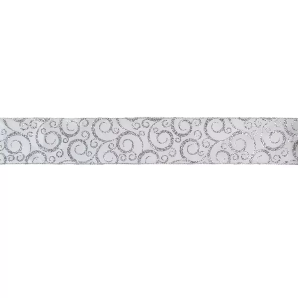 Northlight 2.5 in. x 16 yds. White and Silver Glitter Swirl Design Wired Craft Ribbon