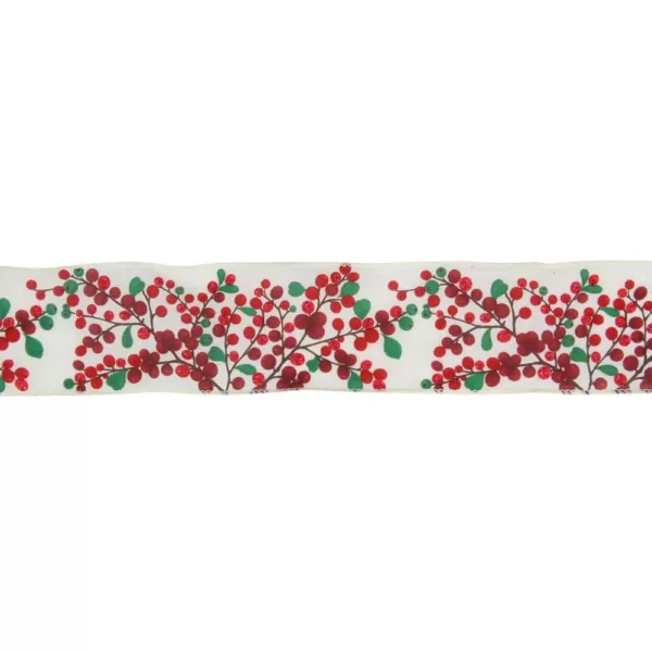 Northlight 2.5 in. x 16 yds. Red Berries on Branches Wired Craft Ivory Ribbon