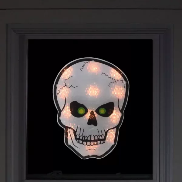 Northlight 12 in. Silver and Black Holographic Lighted Skull Halloween Window Silhouette Decoration