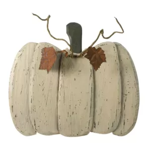 Northlight 13.5 in. Small White Wooden Fall Harvest Pumpkin with Leaves and Stem Indoor Decor