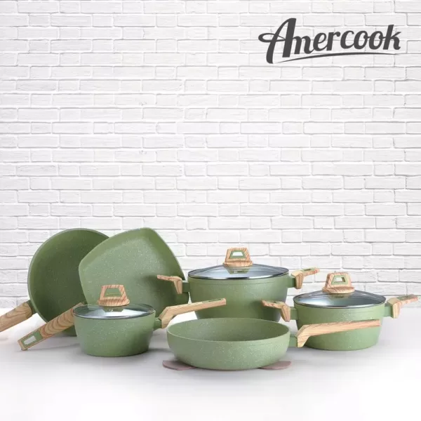 AMERCOOK Olive Stone 5 qt. Round Casserole Dish in Avocado Green with Glass Lid